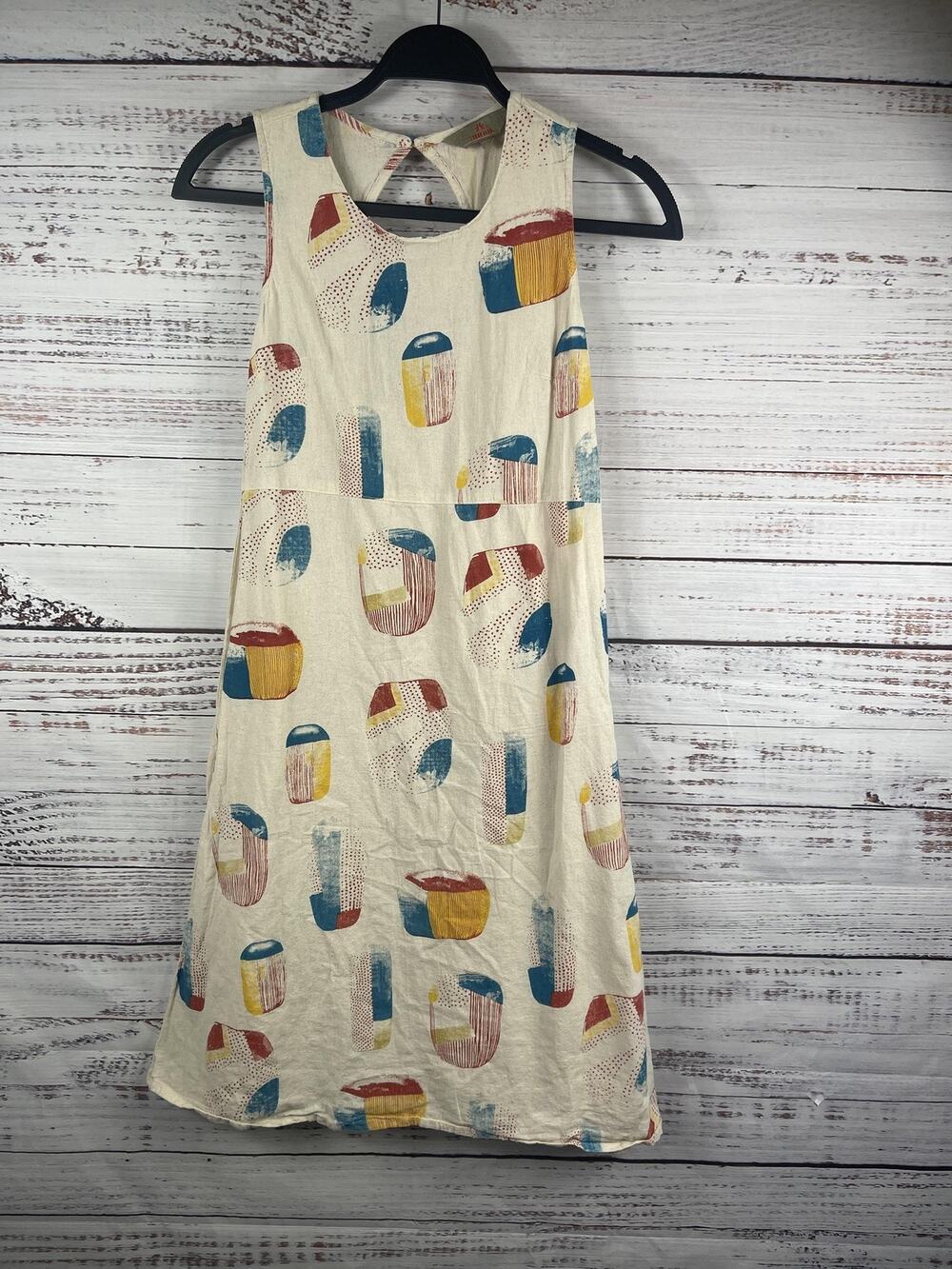 Anouk Dress Women's Size S Cream Multicolor Abstract Print Linen Blend A-Line